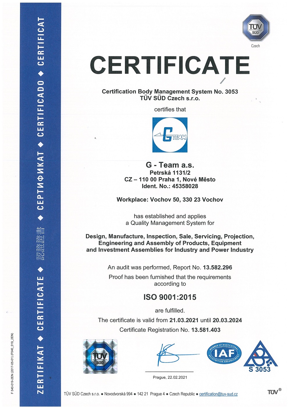 Certifikát ISO 9001: 2015